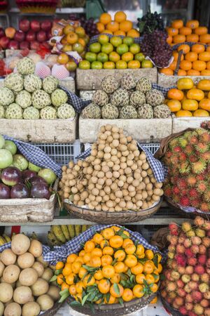 the fruit and food market next to the Night Market in the city of Phnom Penh of Cambodia.  Cambodia, Phnom Penh, November, 2017,のeditorial素材