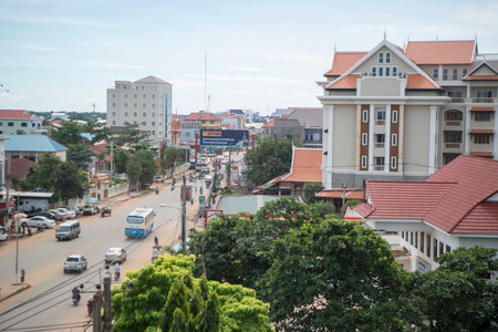 the mainroad in the city centre of Kampong Thom of Cambodia.  Cambodia, Kampong Thom, November, 2017,のeditorial素材