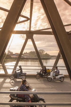 the Bridge over the river Steung Sen in the city of Kampong Thom of Cambodia.  Cambodia, Kampong Thom, November, 2017,のeditorial素材