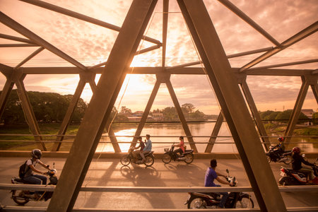 the Bridge over the river Steung Sen in the city of Kampong Thom of Cambodia.  Cambodia, Kampong...