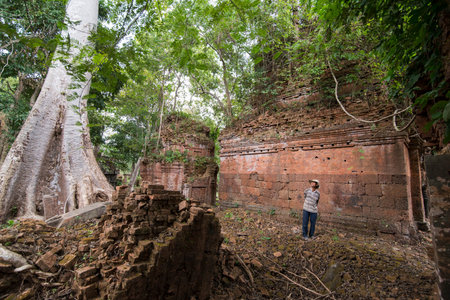 the Khmer Temple of Prasat Neak Buos east of the Town of Sra Em north of the city Preah Vihear in Northwaest Cambodia.  Cambodia, Sra Em, November, 2017,のeditorial素材