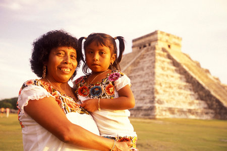 The Maya Ruins with the Kukulkan Pyramide of Chichen Itza in the Province Yucatan in Mexico in...