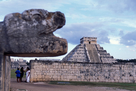 The Maya Ruins with the Kukulkan Pyramide of Chichen Itza in the Province Yucatan in Mexico in...