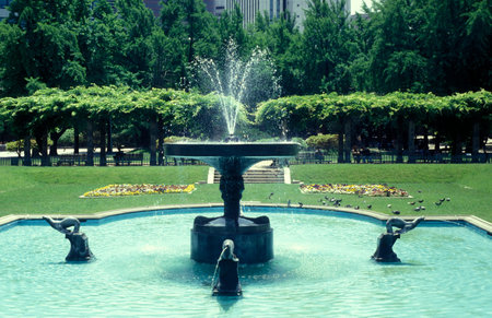a water fontain in a park with the Seoul Tower in the city of Seoul in South Korea in EastAasia.  Southkorea, Seoul, May, 2006のeditorial素材