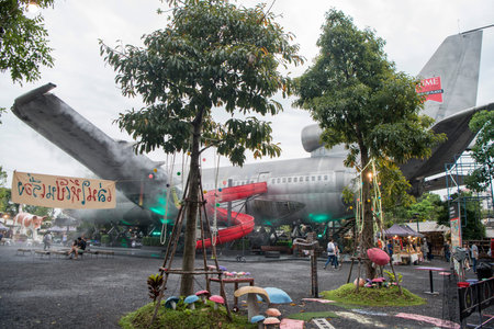 a Airplane at evening at the chang chui aircraft market north of the city of Bangkok in Thailand in...