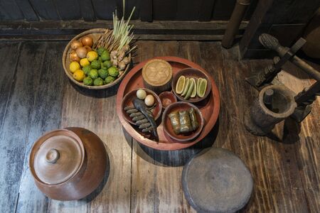 traditional food and kitchen at the traditional Kamthieng House in Sukhumvit in the city of Bangkok in Thailand in Southeastasia.  Thailand, Bangkok, November, 2018のeditorial素材