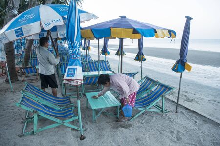 Umbrellas and deck chair at the Bang Saen Beach at the Town of Bangsaen in the Provinz Chonburi in Thailand.  Thailand, Bangsaen, November, 2018のeditorial素材