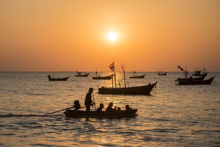 a sunset with fishing boats at the Bang Saen Beach at the Town of Bangsaen in the Provinz Chonburi in Thailand.  Thailand, Bangsaen, November, 2018のeditorial素材