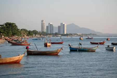 fishing boats at the Bang Saen Beach at the Town of Bangsaen in the Provinz Chonburi in Thailand. ...