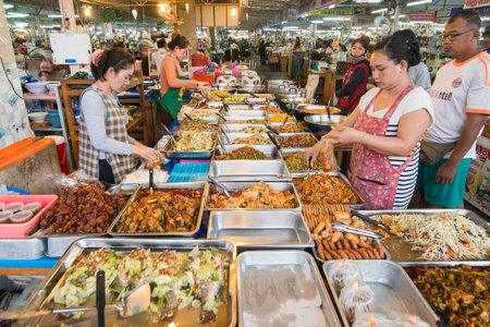 Curry and Thai Food at the Local morning Food Market in the city of Pattaya in the Provinz Chonburi in Thailand.  Thailand, Pattaya, November, 2018のeditorial素材