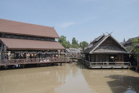 the architecture of the Floating Market near the city of Pattaya in the Provinz Chonburi in Thailand.  Thailand, Pattaya, November, 2018のeditorial素材