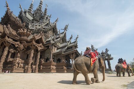 a elephant tour at the Wood Sanctuary of Truth Temple in the city of Pattaya in the Provinz Chonburi in Thailand.  Thailand, Pattaya, November, 2018のeditorial素材