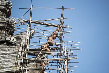construction at the wood carving work at the Wood Sanctuary of Truth Temple in the city of Pattaya in the Provinz Chonburi in Thailand.  Thailand, Pattaya, November, 2018のeditorial素材