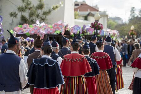 a traditonal madeira folklore music group s at the Festa da Flor or Spring Flower Festival in the city of Funchal on the Island of Madeira in the Atlantic Ocean of Portugal.  Madeira, Funchal, April, 2018のeditorial素材