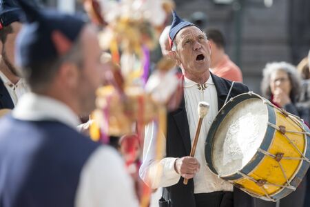 a traditonal madeira folklore music group s at the Festa da Flor or Spring Flower Festival in the city of Funchal on the Island of Madeira in the Atlantic Ocean of Portugal.  Madeira, Funchal, April, 2018のeditorial素材