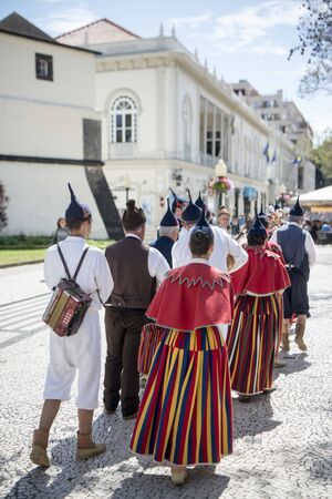a traditonal madeira folklore music group s at the Festa da Flor or Spring Flower Festival in the city of Funchal on the Island of Madeira in the Atlantic Ocean of Portugal.  Madeira, Funchal, April, 2018のeditorial素材