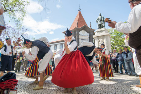 a traditonal madeira folklore music group s at the Festa da Flor or Spring Flower Festival in the...