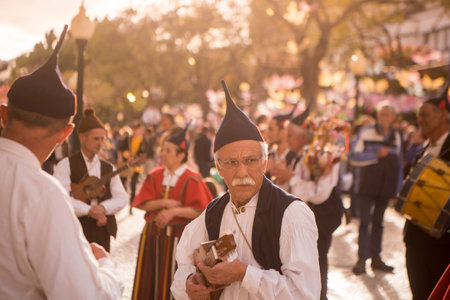 a traditonal madeira folklore music group s at the Festa da Flor or Spring Flower Festival in the...