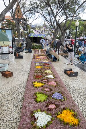 a colorfull flower carpet decoration at the avenida Arriaga at the Festa da Flor or Spring Flower Festival in the city of Funchal on the Island of Madeira in the Atlantic Ocean of Portugal.  Madeira, Funchal, April, 2018のeditorial素材