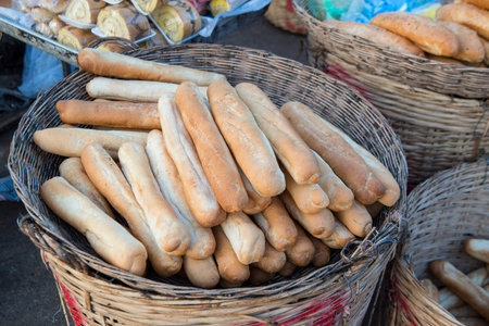 fresh bread at the Ler market of Phsar Ler in the city of Siem Reap in northwest of Cambodia.   Siem...