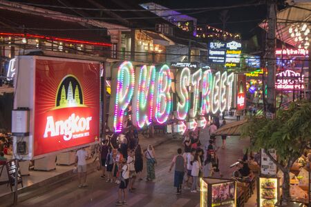 a street of the Pub street in the old Town in the city of Siem Reap in northwest of Cambodia.   Siem Reap, Cambodia, November 2018のeditorial素材