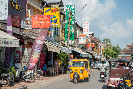 a street in the city of Siem Reap in northwest of Cambodia.   Siem Reap, Cambodia, November 2018