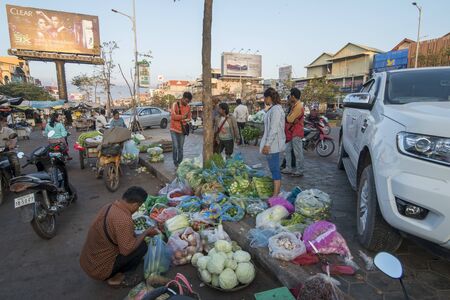 fresh vegetable market at the Ler market of Phsar Ler in the city of Siem Reap in northwest of Cambodia.   Siem Reap, Cambodia, November 2018のeditorial素材