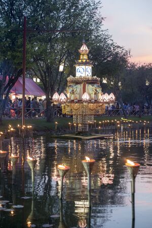 a giant Krathong at the Loy Krathong Festival in the Historical Park in Sukhothai in the Provinz Sukhothai in Thailand.   Thailand, Sukhothai, November, 2018のeditorial素材