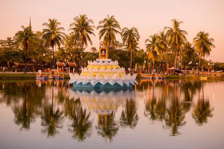 a Krathong at the Loy Krathong Festival in the Historical Park in Sukhothai in the Provinz Sukhothai...