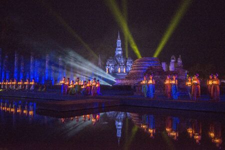 a light show at the Wat Mahathat Temple on the Loy Krathong Festival in the Historical Park in Sukhothai in the Provinz Sukhothai in Thailand.   Thailand, Sukhothai, November, 2018のeditorial素材