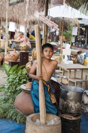 a Thai food market street at the Loy Krathong festival at the Historical Park in Sukhothai in the Provinz Sukhothai in Thailand.   Thailand, Sukhothai, November, 2018のeditorial素材