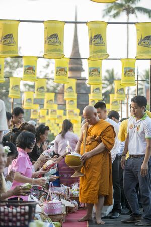 a buddhism Monk ceremony at the Loy Krathong Festival in the Historical Park in Sukhothai in the Provinz Sukhothai in Thailand.   Thailand, Sukhothai, November, 2018のeditorial素材