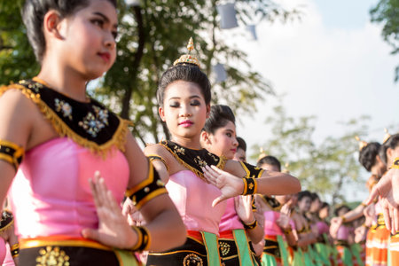 traditional dresst thai women at the Loy Krathong Festival in the Historical Park in Sukhothai in...