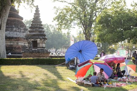 a smal shop with handmade Krathong at the Loy Krathong Festival in the Historical Park in Sukhothai in the Provinz Sukhothai in Thailand.   Thailand, Sukhothai, November, 2018のeditorial素材