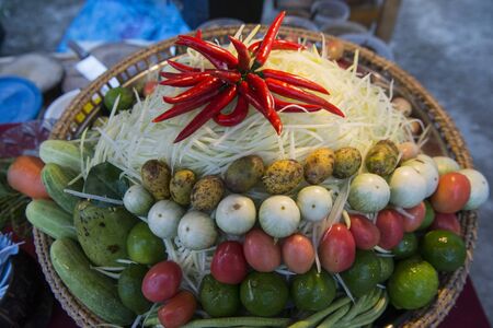 Thai food at the market street at the Loy Krathong festival at the Historical Park in Sukhothai in the Provinz Sukhothai in Thailand.   Thailand, Sukhothai, November, 2018のeditorial素材