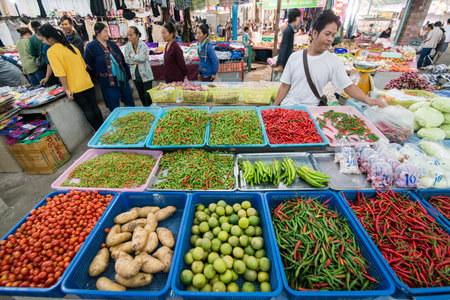 Vegetable and spices at the food market in the city of  Phrae in the north of Thailand.  Thailand, Phrae November, 2018.のeditorial素材