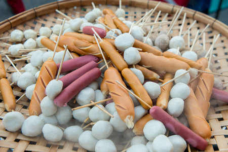 meat and thai food at the Nightmarket in the old Town the city centre of Phrae in the north of...