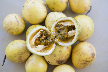 Passion Fruits or Maracuja Fruits at a market in the city of  Phrae in the north of Thailand.  Thailand, Phrae November, 2018.のeditorial素材