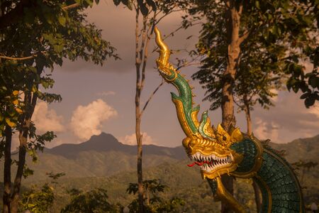 a Naga at the Landscape from the Wat Phra That Doi Leng Temple in the Mountains near the city of  Phrae in the north of Thailand.  Thailand, Phrae November, 2018.のeditorial素材
