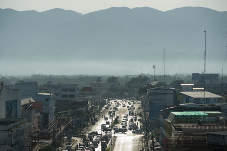 a road in the city centre of the city of  Chanthaburi in the north of Thailand.  Thailand, Chanthaburi, November, 2018.のeditorial素材