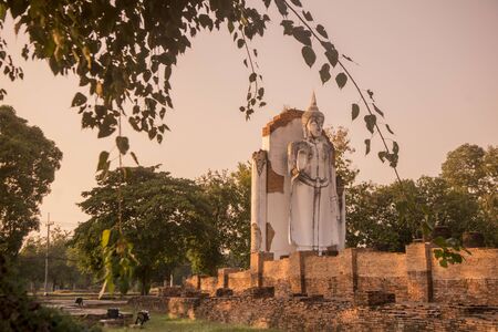 a Buddha at the ruins of the Chandra Palace in the city of  Phitsanulok in the north of Thailand.  Thailand, Phitsanulok, November, 2018.のeditorial素材