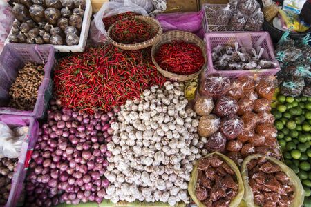 Vegetable and spices at the New Market or Psar Thmei in the city Battambang in Cambodia.  Cambodia, Battambang, November, 2018のeditorial素材