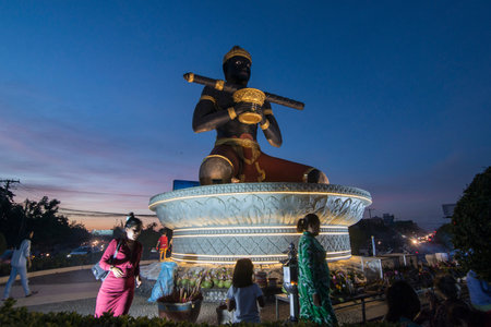 the statue of King Dambong at the Ta Dambong Square in the city Battambang in Cambodia.  Cambodia,...