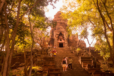 The wat Banan Temple ruins south of the city Battambang in Cambodia.  Cambodia, Battambang,...