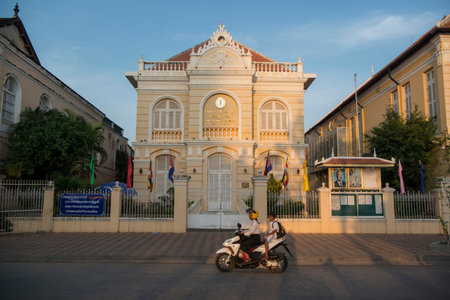 the colonial Building of the National Bank of Cambodia at the river front in the old town in the...