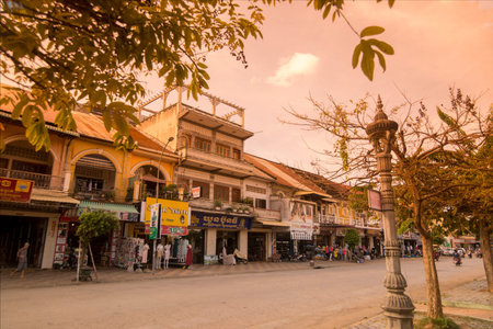 Colonial Buildings at the river front in the old town in the city centre of Battambang in Cambodia. ...
