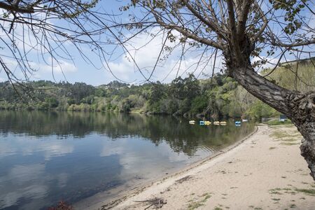 a beach in the landscape on the Douro river at the town of Alpendurada, east of Porto in Portugal in Europe.  Portugal, Regua, April, 2019のeditorial素材