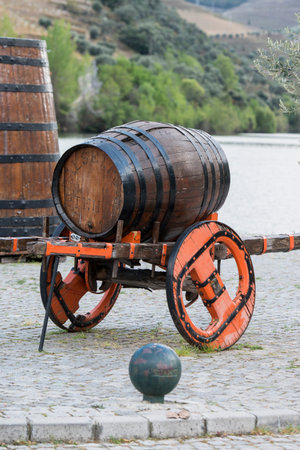a wine barrel on the Douro River at the town Pinhao east of Porto in Portugal in Europe.  Portugal, Regua, April, 2019のeditorial素材