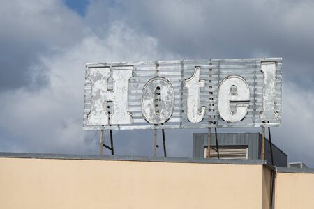 a Hotel sign in the city centre of the town of Peso da Regua on the Douro river, east of Porto in Portugal in Europe.  Portugal, Regua, April, 2019のeditorial素材