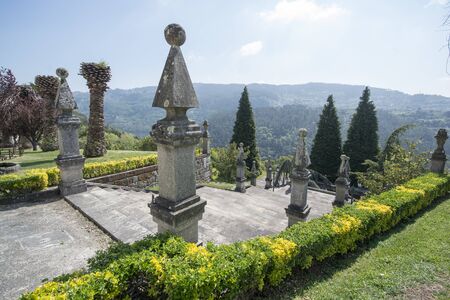 the garden of Mosteiro do Alpendurada with the landscape at the Douro river at the town of Alpendurada, east of Porto in Portugal in Europe.  Portugal, Regua, April, 2019のeditorial素材